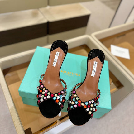 AQUAZZURA 26S TEQUILA HEELED SANDALS 85 MM IN BLACK SUEDE WITH MULTICOLOR CRYSTAL