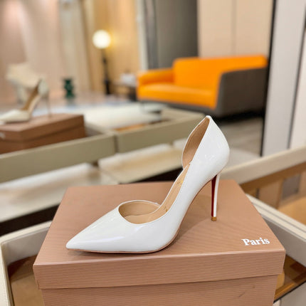 CHRISTIAN LOUBOUTIN 26S CUTOUT SIDE PUMP HEELS 105 MM IN WHITE PATENT CALFSKIN
