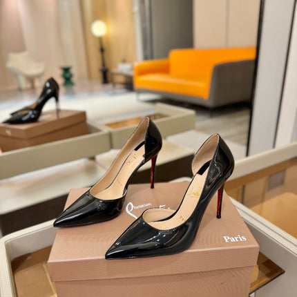 CHRISTIAN LOUBOUTIN 26S CUTOUT SIDE PUMP HEELS 105 MM IN BLACK PATENT CALFSKIN