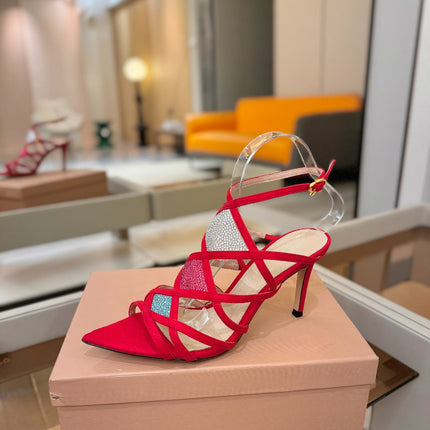 GIANVITO ROSSI 26S CROSS STRAP HEELS 85 MM IN RED SUEDE