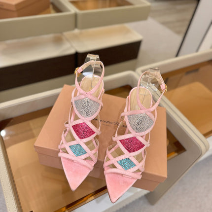 GIANVITO ROSSI 26S CROSS STRAP HEELS 85 MM IN PINK SUEDE