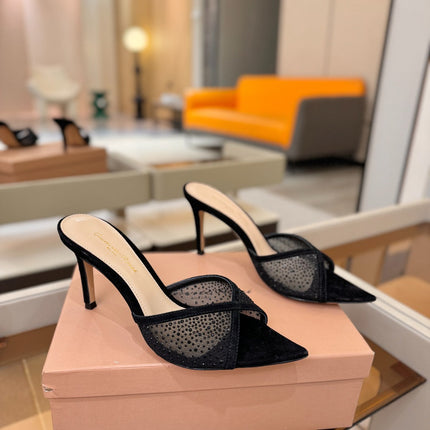 GIANVITO ROSSI 26S POINTED TOE HIGH HEELS 85 MM IN BLACK SUEDE WITH RHINESTONE STRAP