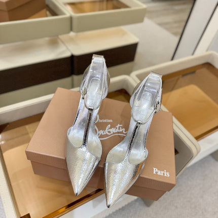 CHRISTIAN LOUBOUTIN 26S T-STRAP HIGH HEELS 105 MM IN SILVER CALFSKIN