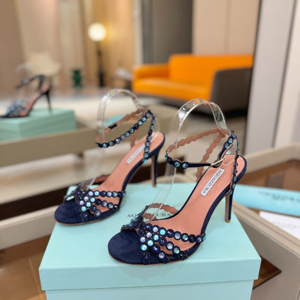 AQUAZZURA 26S STRAPPY HIGH HEELS 105 MM IN NAVY BLUE SUEDE
