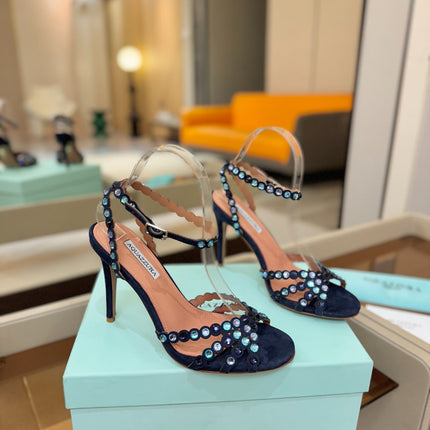 AQUAZZURA 26S STRAPPY HIGH HEELS 105 MM IN NAVY BLUE SUEDE