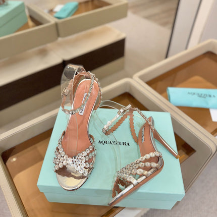 AQUAZZURA 26S STRAPPY HIGH HEELS 105 MM IN SILVER PATENT LAMBSKIN