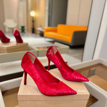 CHRISTIAN LOUBOUTIN 26S HIGH HEELS 105 MM IN RED VELVET GLITTER