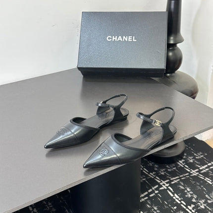 CHANEL 26S FLAT SLINGBACK SHOES IN BLACK LAMBSKIN