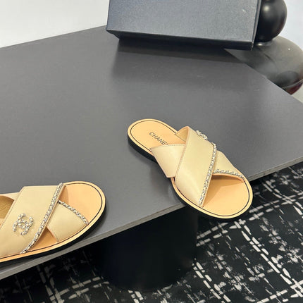 CHANEL 26S CROSS-STRAP SANDALS IN BEIGE LEATHER