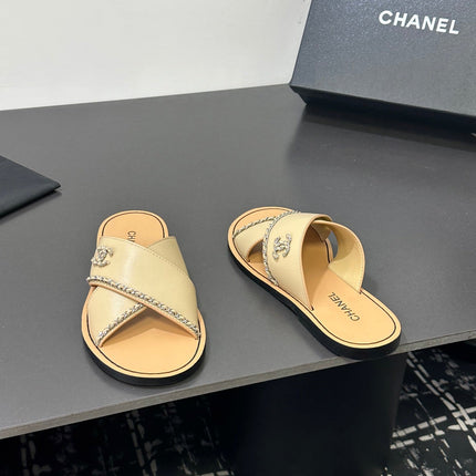 CHANEL 26S CROSS-STRAP SANDALS IN BEIGE LEATHER