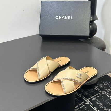 CHANEL 26S CROSS-STRAP SANDALS IN BEIGE LEATHER