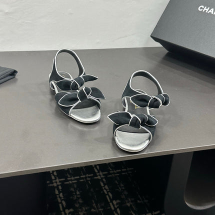 CHANEL 26S BOW SANDALS IN BLACK AND SILVER SUEDE
