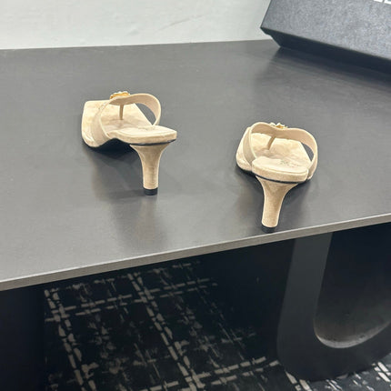 CHANEL 26S HIGH-HEEL THONG SANDALS IN BEIGE SUEDE WITH FLOWER DETAIL
