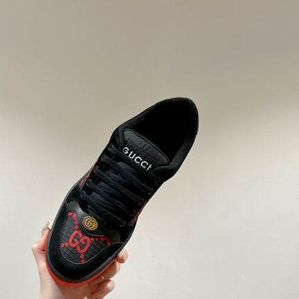 GUCCI 26S SCREENER SNEAKER IN BLACK AND RED GG CANVAS