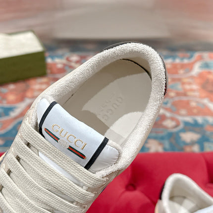 GUCCI 26S SCREENER SNEAKER IN BEIGE SUEDE MIX NAVY BLUE CANVAS