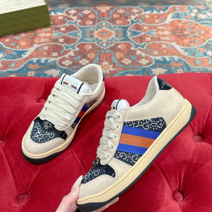 GUCCI 26S SCREENER SNEAKER IN BEIGE SUEDE MIX NAVY BLUE CANVAS