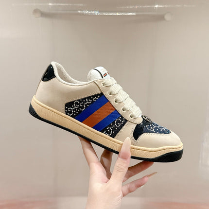GUCCI 26S SCREENER SNEAKER IN BEIGE SUEDE MIX NAVY BLUE CANVAS