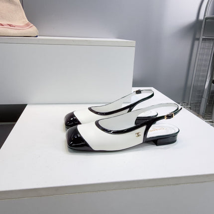 CHANEL 26S SLINGBACK PUMPS IN BLACK AND WHITE PATENT LAMBSKIN