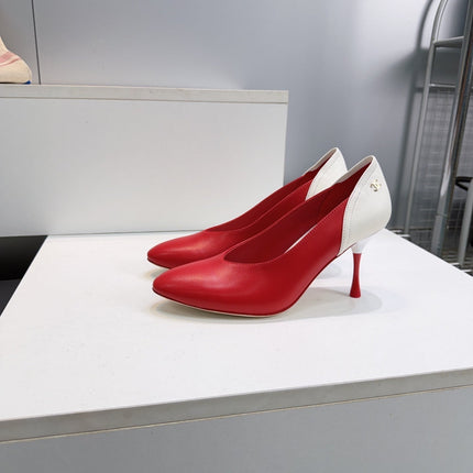 CHANEL 26S HIGH HEEL PUMPS 85 MM IN RED AND WHITE CALFSKIN