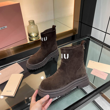 MIUMIU 26S LOGO CHUNKY ANKLE BOOTS IN DARK BROWN SUEDE 