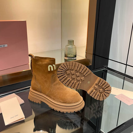 MIUMIU 26S LOGO CHUNKY ANKLE BOOTS IN CAMEL BROWN SUEDE 