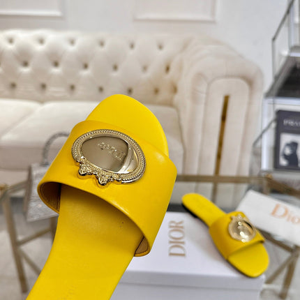 DIOR 26S  FLAT SLIDE SANDALS IN YELLOW CALFSKIN WITH GOLD HARDWARE