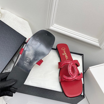 CHANEL CC LOGO MULES IN RED CALFSKIN