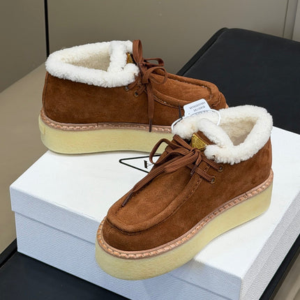 PRADA 25S HIGH-TOP SHOES 40 MM IN DARK BROWN SUEDE SHEARLING-LINED