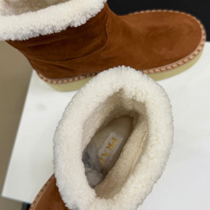 PRADA 25S ANKLE BOOTS 40 MM IN DARK BROWN SUEDE SHEARLING-LINED