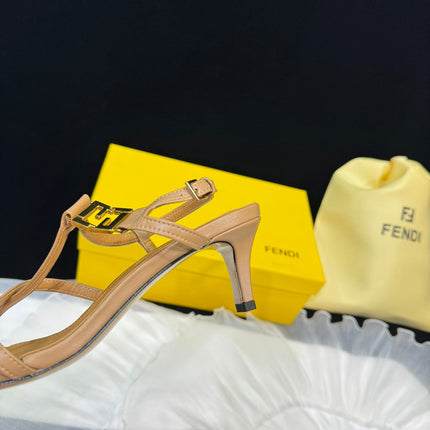 FENDI FFOLD MEDIUM-HEELED 55 MM SANDALS IN BRONZE BROWN LAMBSKIN WITH GOLD HARDWARE