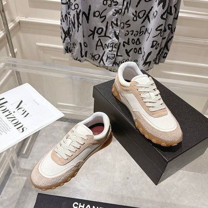 CHANEL 26S LACE UP SNEAKERS IN BEIGE SUEDE  AND WHITE FABRIC ROUND TOE