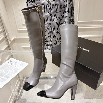 CHANEL 26S HIGH HEEL KNEE HIGH BOOTS 80 MM IN GRAY CALFSKIN AND BLACK PATENT LEATHER