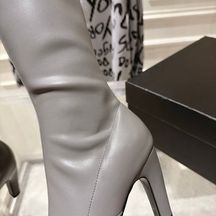 CHANEL 26S HIGH HEEL KNEE HIGH BOOTS 80 MM IN GRAY CALFSKIN AND BLACK PATENT LEATHER