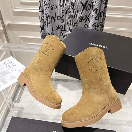 CHANEL 26S MID CALF BOOTS 30 MM IN BEIGE SUEDE
