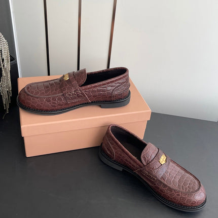MIUMIU 26S PENNY LOAFERS IN DARK MAHOGANY BROWN CALFSKIN CROCODILE EMBOSSING