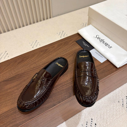 YSL 26S LOAFER MULES IN DARK BROWN GLOSSY CALFSKIN
