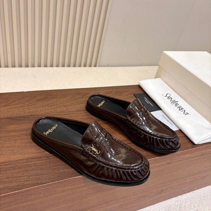 YSL 26S LOAFER MULES IN DARK BROWN GLOSSY CALFSKIN