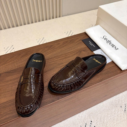 YSL 26S LOAFER MULES IN DARK BROWN GLOSSY CALFSKIN