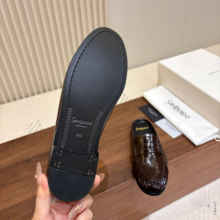 YSL 26S LOAFER MULES IN DARK BROWN GLOSSY CALFSKIN