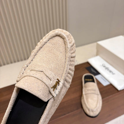 YSL 26S LOAFER MULES IN BEIGE SUEDE