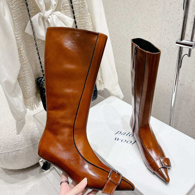 ALO 25S PALOMA WOOL HIGH BOOTS IN BROWN LAMBSKIN WITH METAL BUCKLE DETAIL AT THE TOE