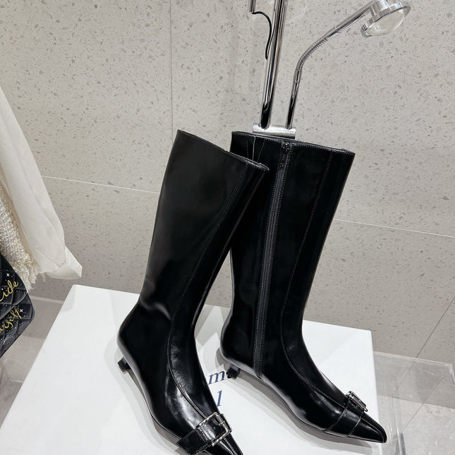 ALO 25S PALOMA WOOL HIGH BOOTS IN BLACK LAMBSKIN WITH METAL BUCKLE DETAIL AT THE TOE