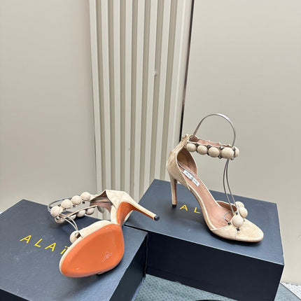 ALAIA HIGH HEEL SANDAL 10 CM IN BEIGE SUEDE
