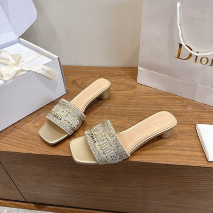 DIOR 26S DWAY HEELED SLIDE 45MM IN GOLD CRYSTAL-EMBROIDERED CANVAS