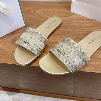 DIOR 26S FLAT SLIDE SANDALS IN GOLD CRYSTAL-EMBROIDERED CANVAS