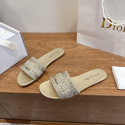 DIOR 26S FLAT SLIDE SANDALS IN GOLD CRYSTAL-EMBROIDERED CANVAS