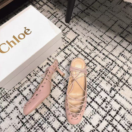 CHLOÉ 26S LACE-UP HEELS 60 MM IN NUDE PINK CALFSKIN
