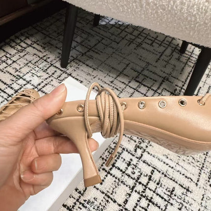 CHLOÉ 26S LACE-UP HEELS 60 MM IN NUDE BEIGE CALFSKIN