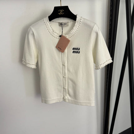 MIUMIU 26S SHORT SLEEVE CREW NECK KNIT CARDIGAN 1018