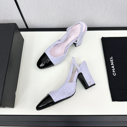 HIGH SLINGBACK LIGHT BLUE TWEED AND BLACK CALFSKIN